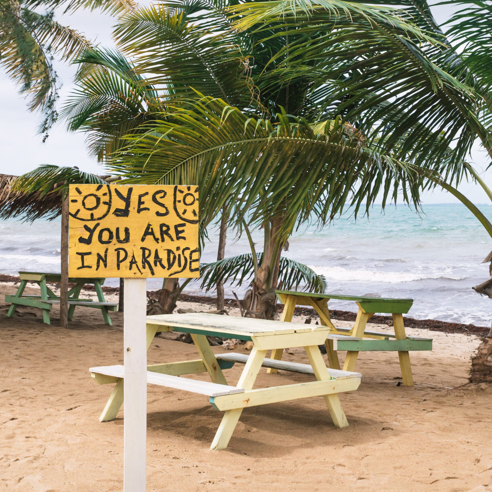 Tropical beach with palm trees, chairs, tables and a sign saying 'Yes you are in paradise', Hopkins, Belize